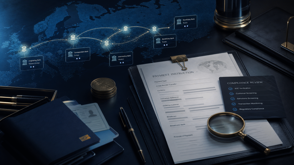 International SWIFT payment route to Russia with correspondent banks, documents and compliance checks