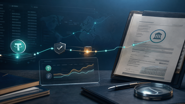 USDT-to-ruble conversion route with bank documents and compliance checks