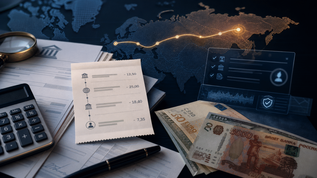 International transfer cost review with fees, exchange rates and compliance checks for a payment to Russia