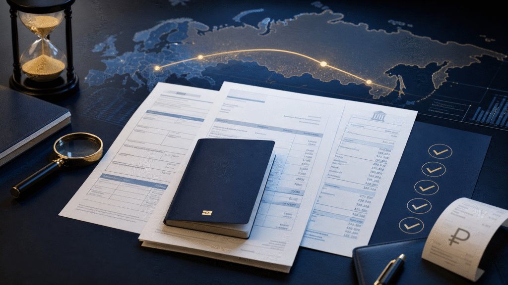 Documents and bank details prepared for an international money transfer to Russia