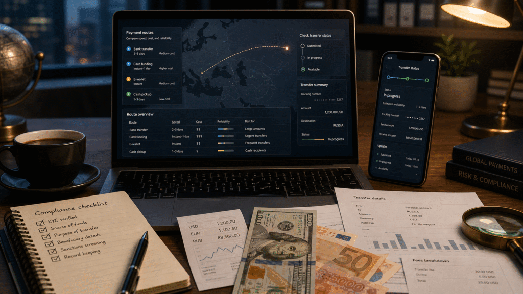 Premium fintech editorial cover showing a checked Western Union alternative route to Russia with documents, banking and compliance cues.