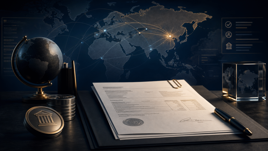 Commercial invoice and international bank route prepared for a payment to Russia