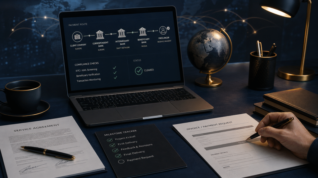 International contractor payment route with service agreement and compliance checks