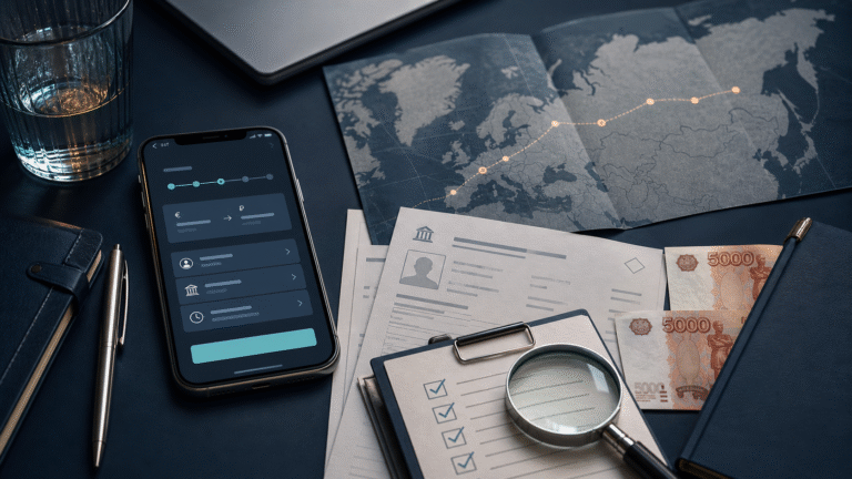 International money transfer route to Russia reviewed with banking documents and a compliance checklist