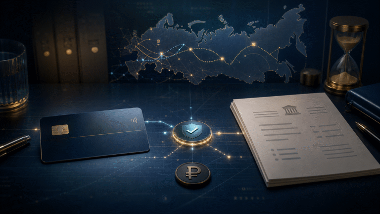 Russian bank account and bank card connected through a verified ruble payment route