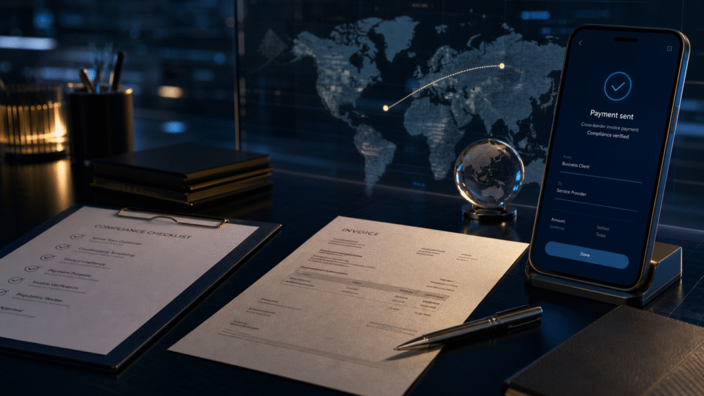 International invoice payment route with compliance checks for Russian clients