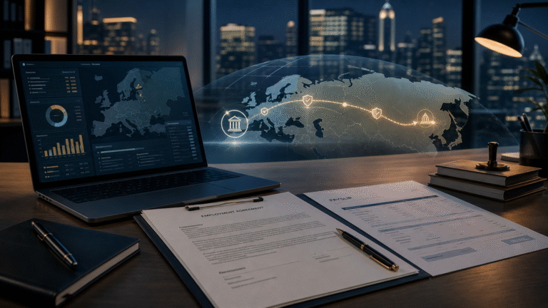 Foreign employer reviewing payroll documents and a compliant payment route to Russia