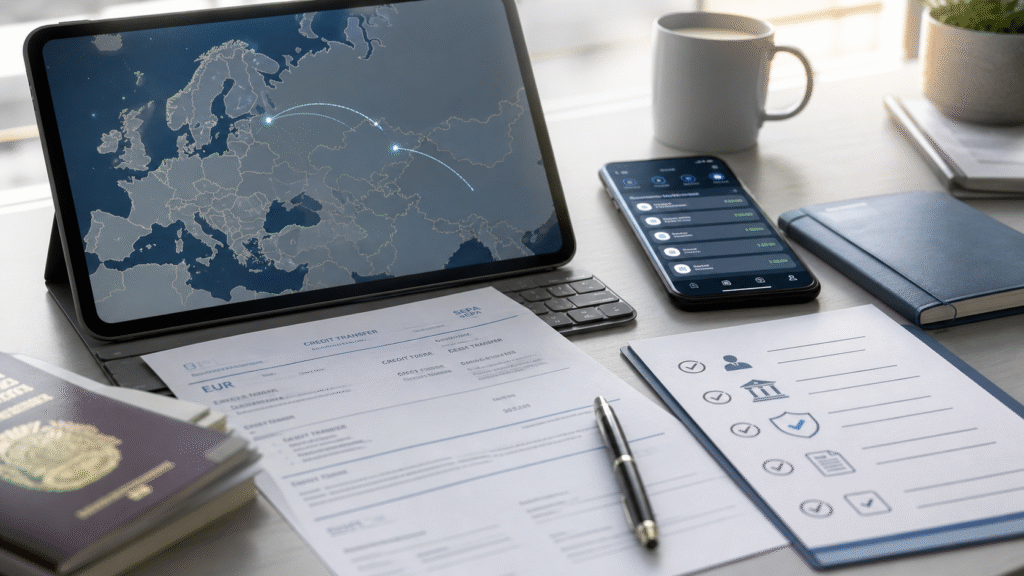 Editorial fintech cover showing Europe-to-Russia payment route checks, documents and banking compliance cues