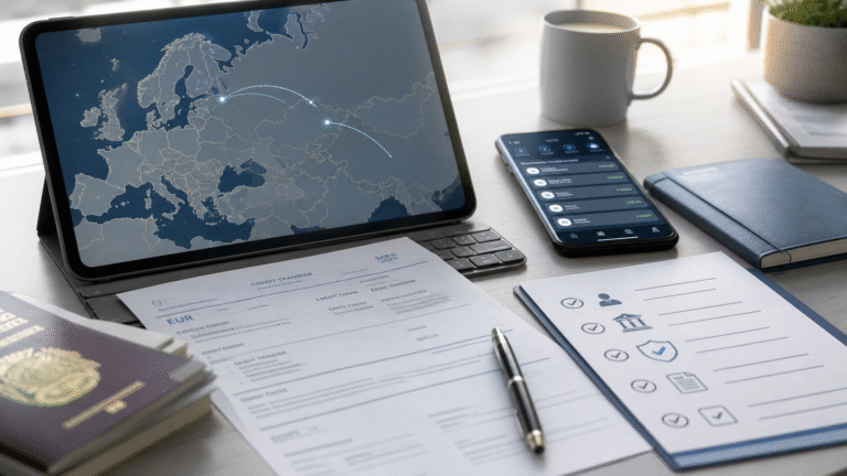 Editorial fintech cover showing Europe-to-Russia payment route checks, documents and banking compliance cues
