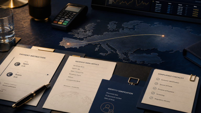Secure payment route from Spain to Russia with bank details and compliance checks