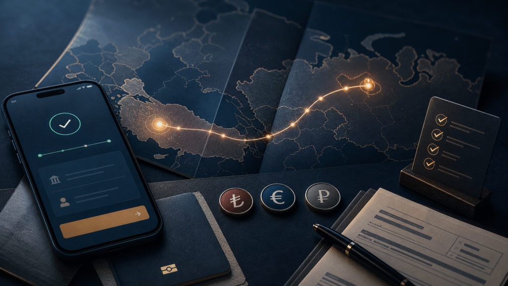 Sending money from Turkey to Russia with bank documents, currency conversion and compliance checks