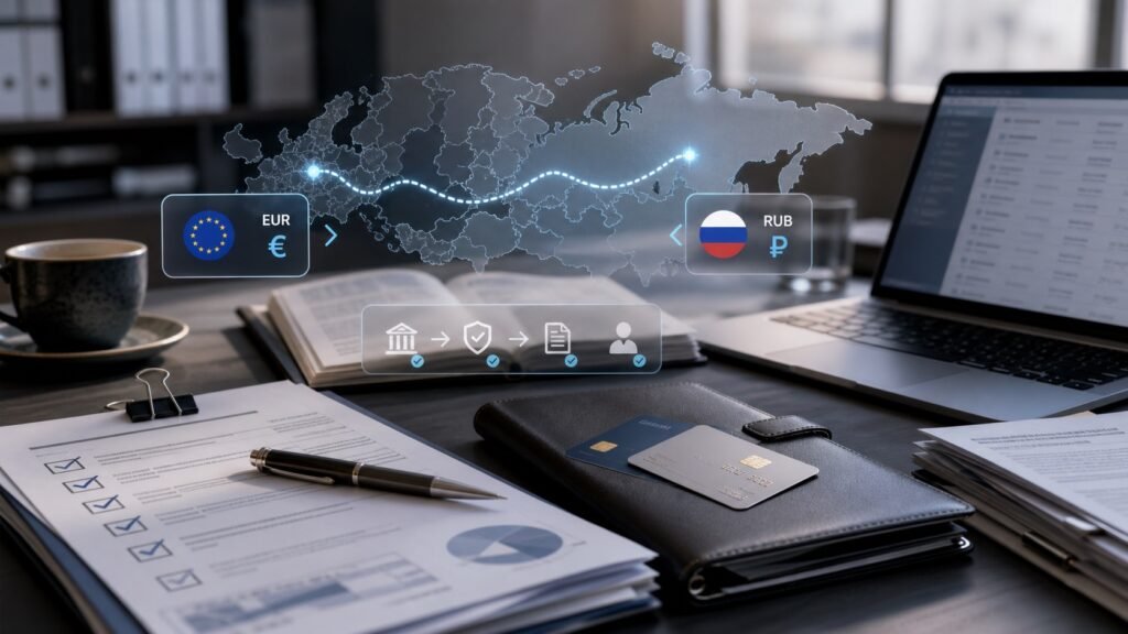 Premium fintech editorial image showing a checked EUR to RUB payment route from Germany to Russia with documents and compliance cues.