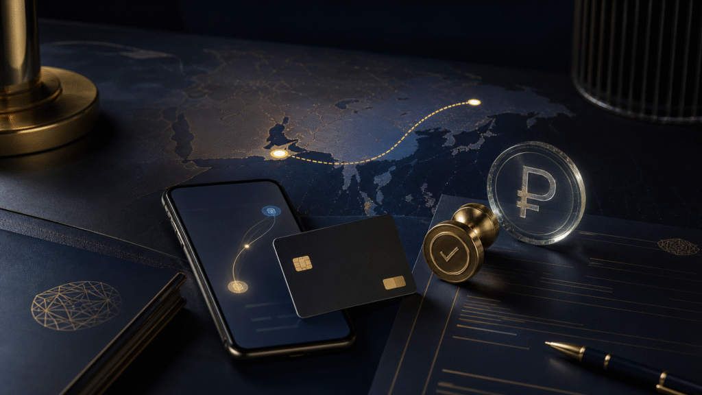 Editorial illustration of an AED-to-ruble payment route from the UAE to Russia with banking documents and compliance verification