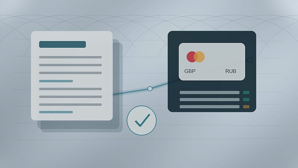 Premium fintech illustration of a checked GBP to RUB payment route from the UK to Russia with documents and compliance cues.