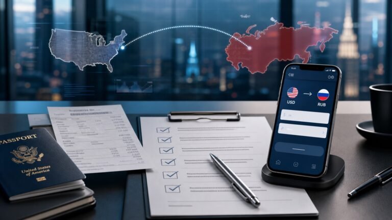 Premium fintech editorial image showing a checked USD to RUB payment route from the USA to Russia with documents and compliance cues.
