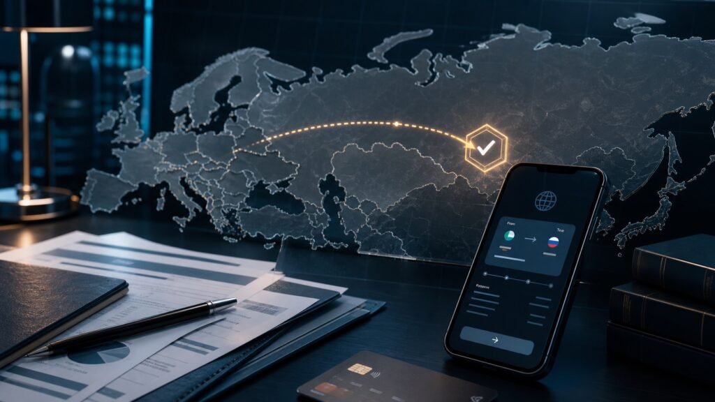 International transfer route and compliance check for sending money to Russia