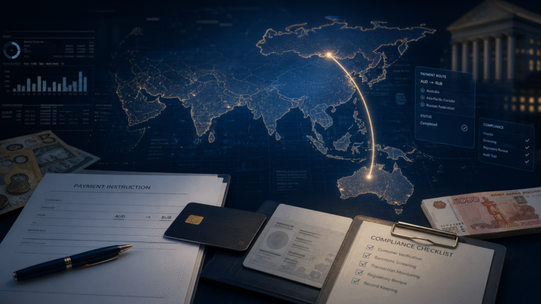 Premium fintech editorial cover for sending money from Australia to Russia in 2026