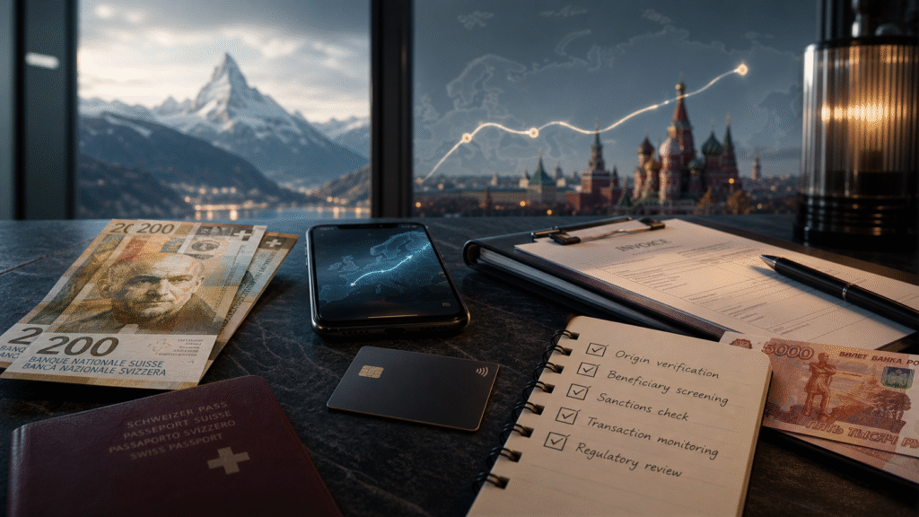 Premium fintech editorial cover for sending money from Switzerland to Russia in 2026